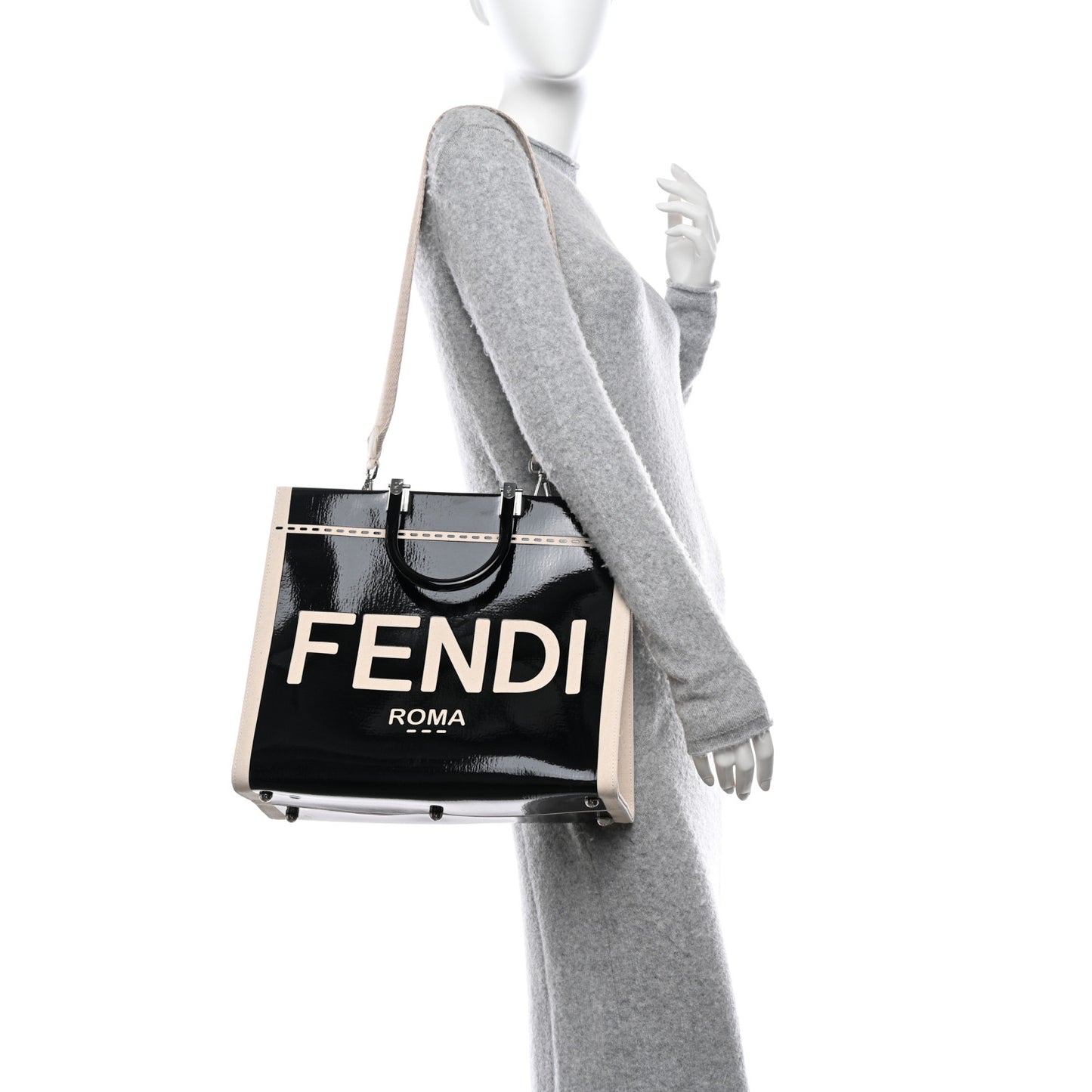 Patent Plexiglass Medium Fendi Sunshine Shopper Tote Black Ice White
