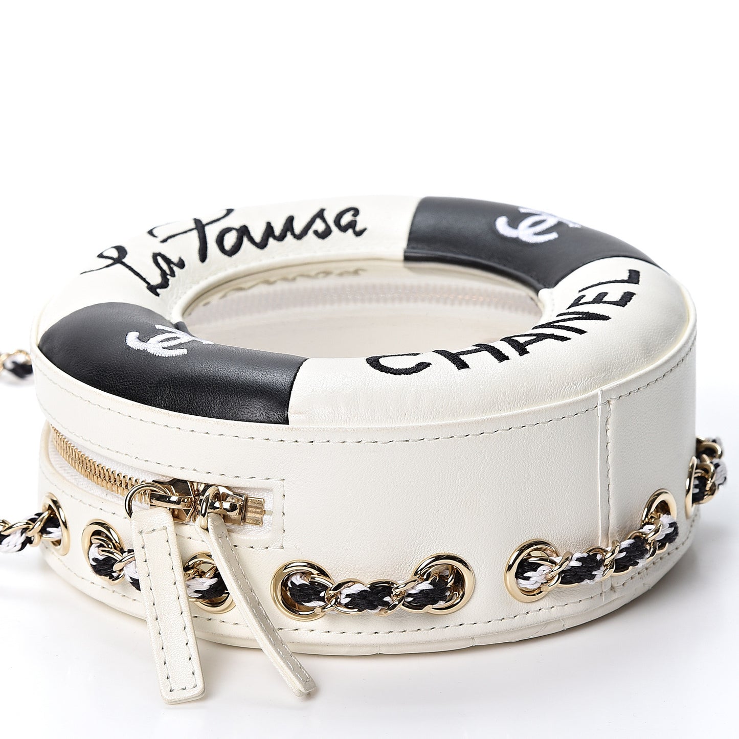Lambskin Coco Lifesaver Round Bag Black White