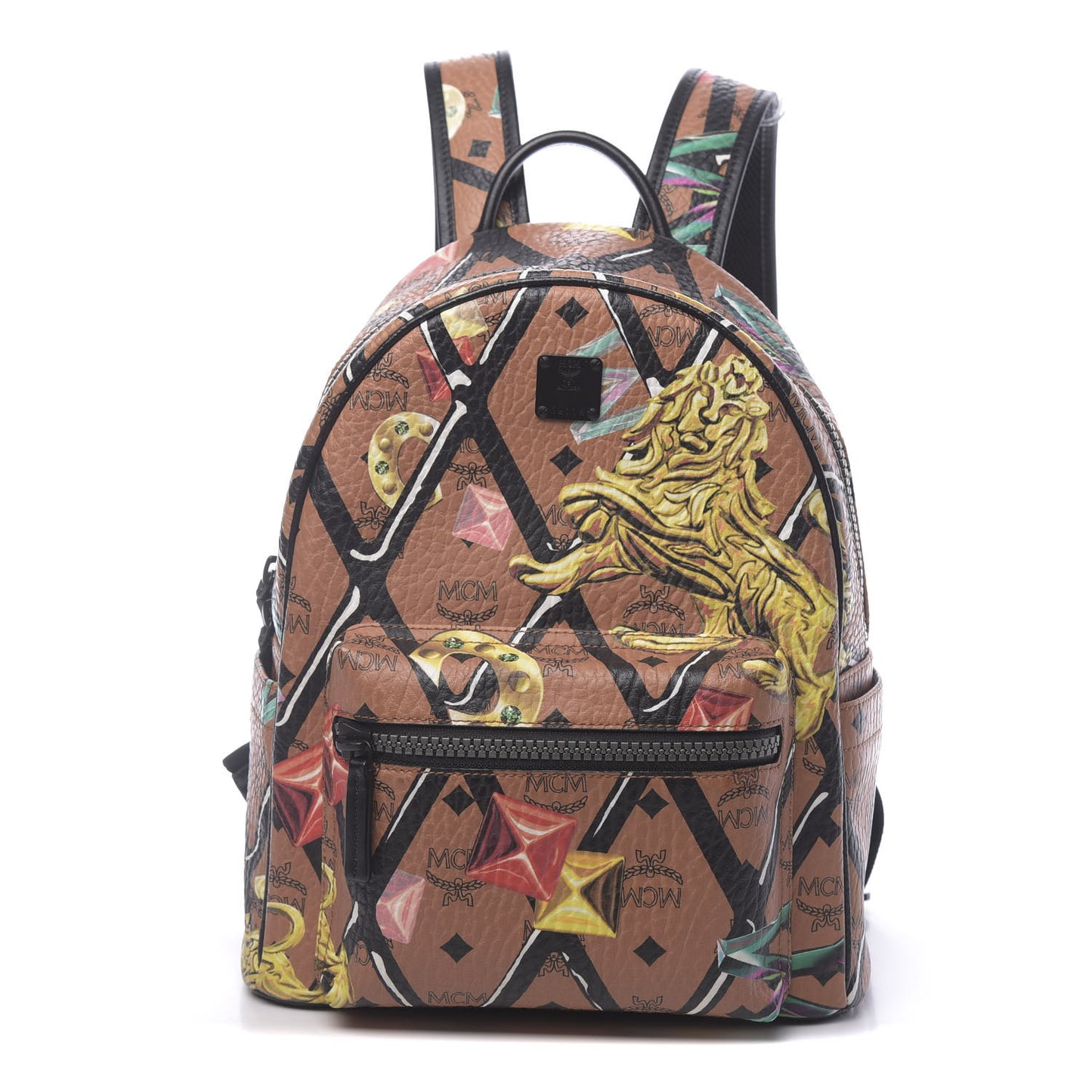 Visetos Calfskin Motif Rombi Lion Printed Small Backpack Cognac