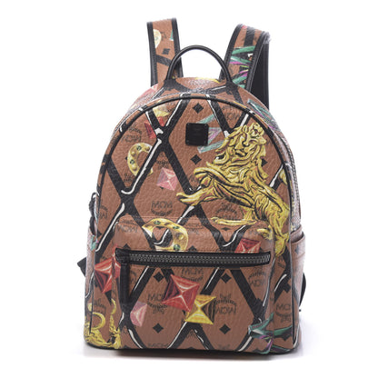 MCM Visetos Calfskin Motif Rombi Lion Printed Small Backpack Cognac 1 of 10