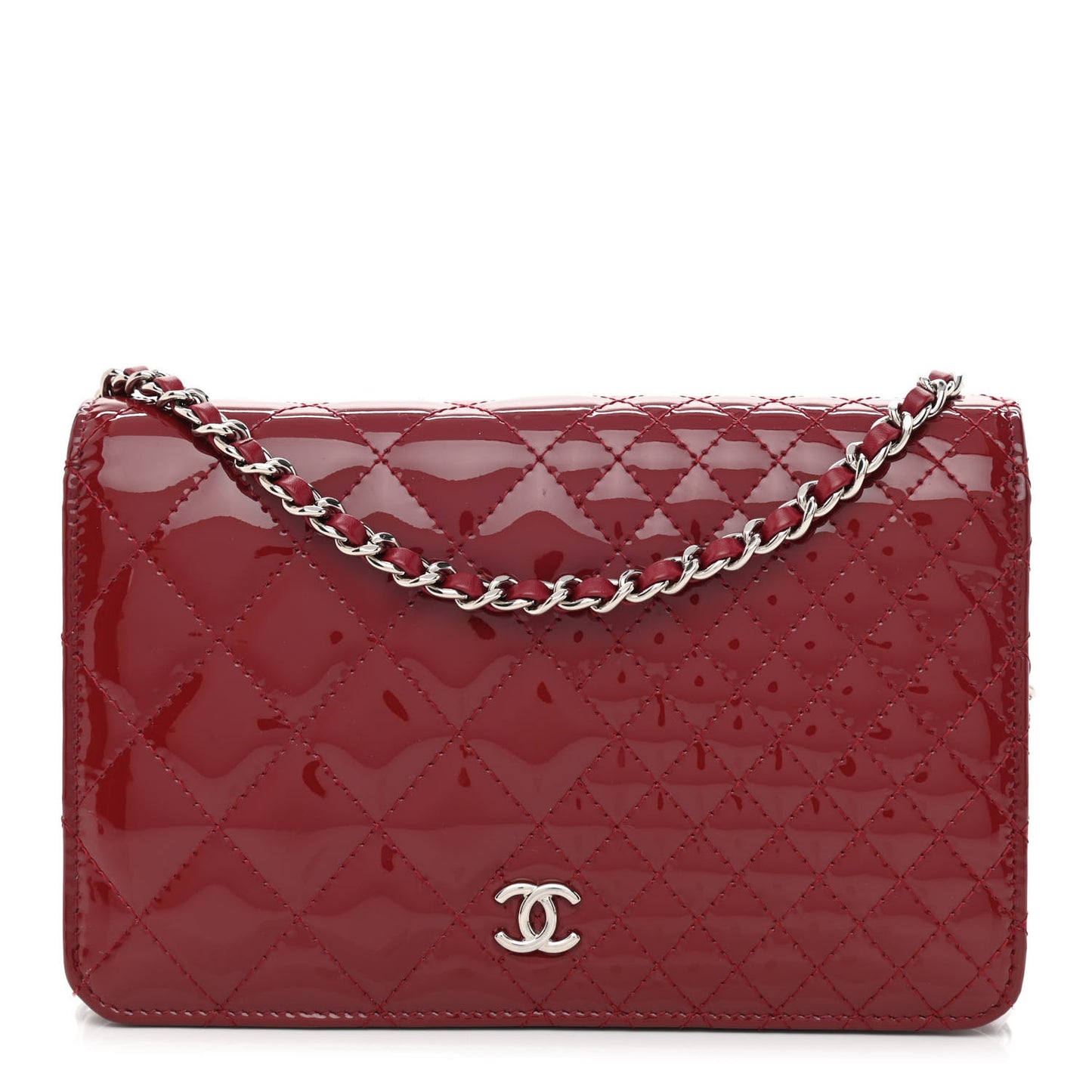 Patent Quilted Wallet On Chain WOC Burgundy