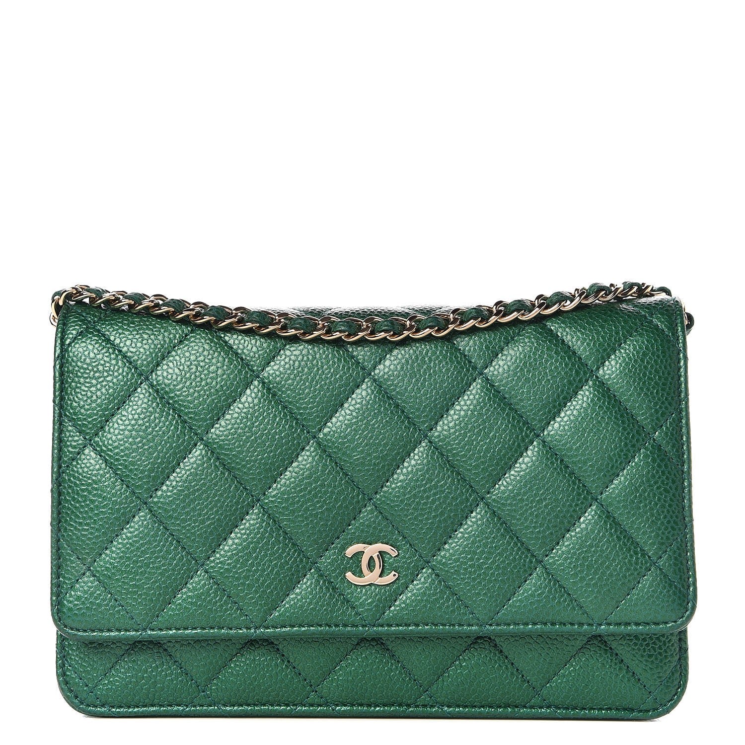 Chanel Metallic Caviar Quilted Wallet On Chain WOC Green 1 of 9