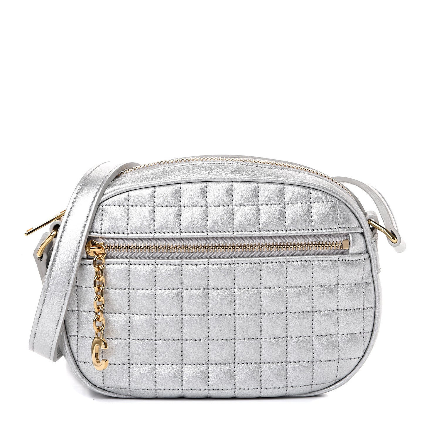 Laminated Calfskin Quilted Small C Charm Bag Silver