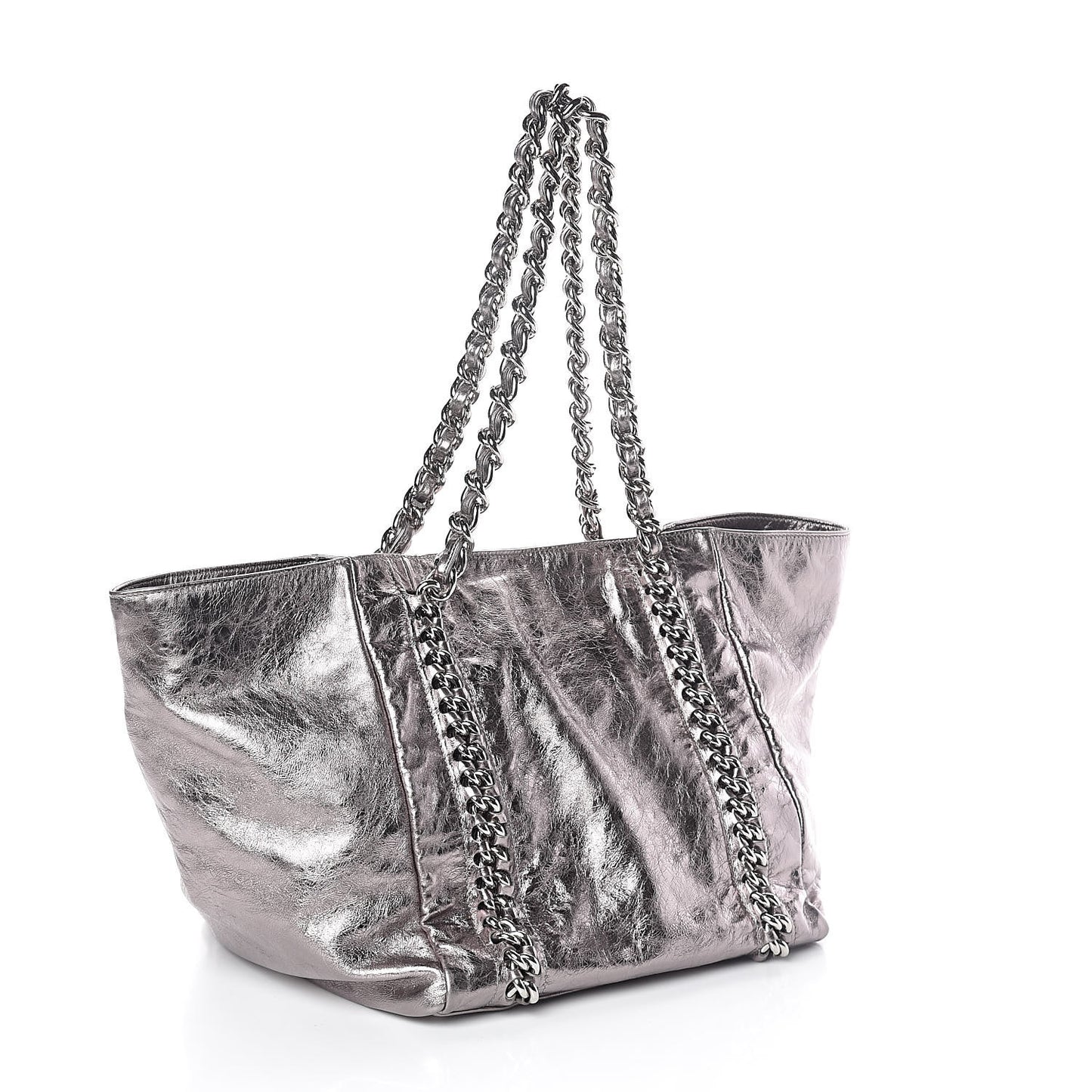 Metallic Cracked Calfskin Modern Chain Tote Dark Silver