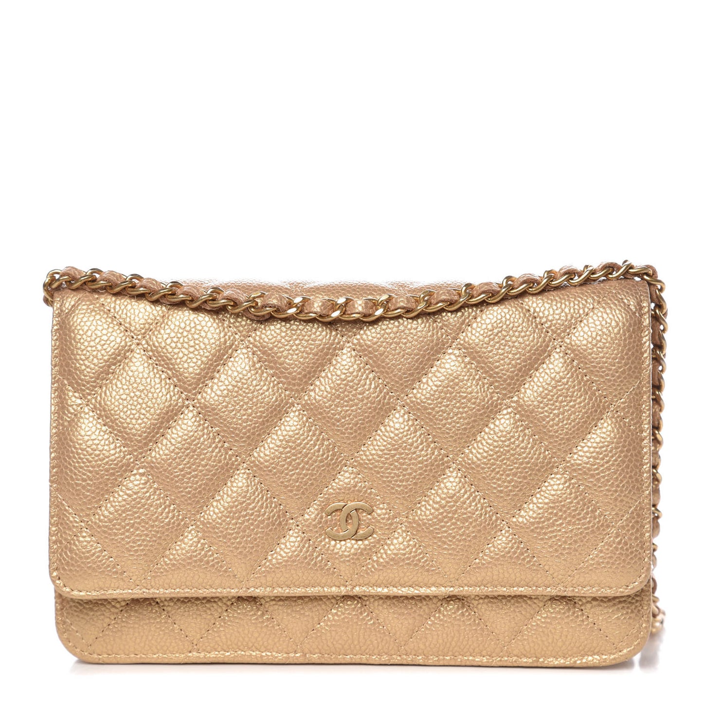 Pearly Caviar Quilted Wallet On Chain WOC Gold