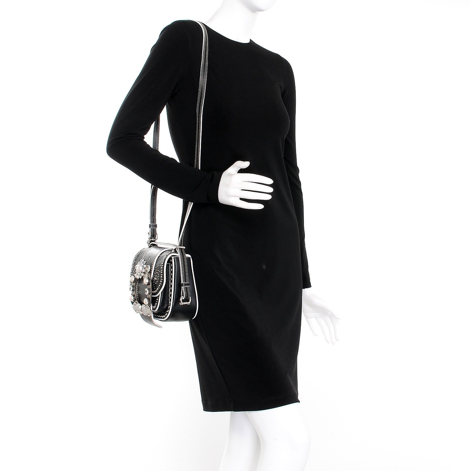 Miu Miu Goatskin Madras Soft Calf Crystal Embellished Lady Saddle Nero Black 2 of 9