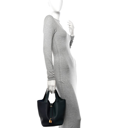 Hermes Taurillon Clemence Casaque Picotin Lock 22 MM Vert Cypres Bleu Nuit Black 2 of 13