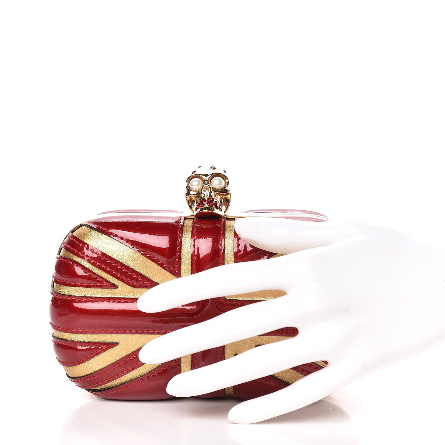 Patent Calfskin Britannia Skull Box Clutch Intense Red