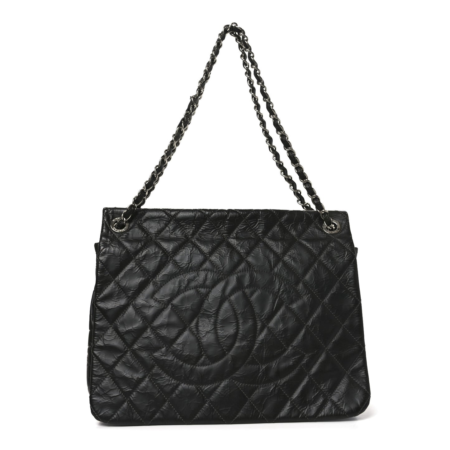 Glazed Calfskin Quilted CC XL Single Flap Black