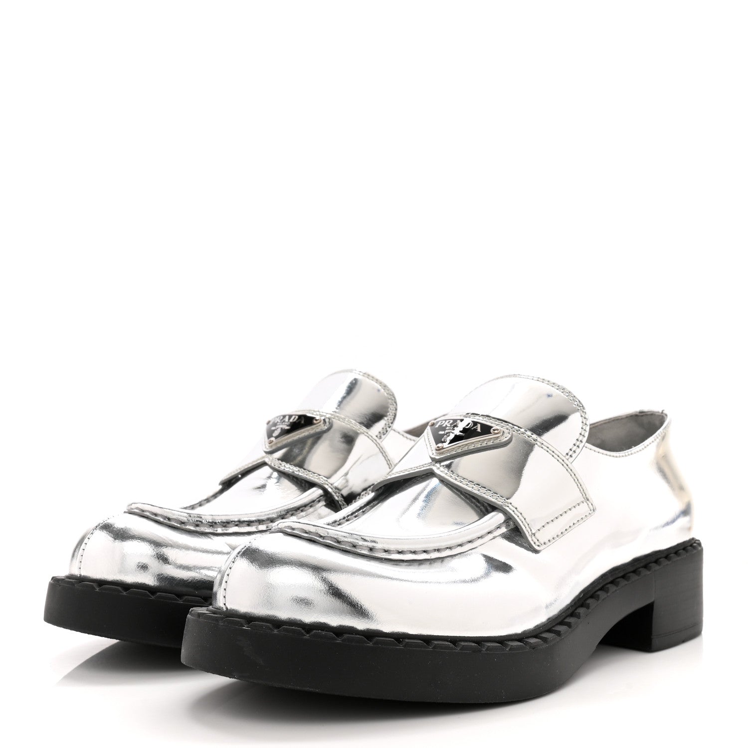 Prada Metallic Brushed Calfskin Metal Triangle Logo 50mm Loafers 39 Argento 3 of 11
