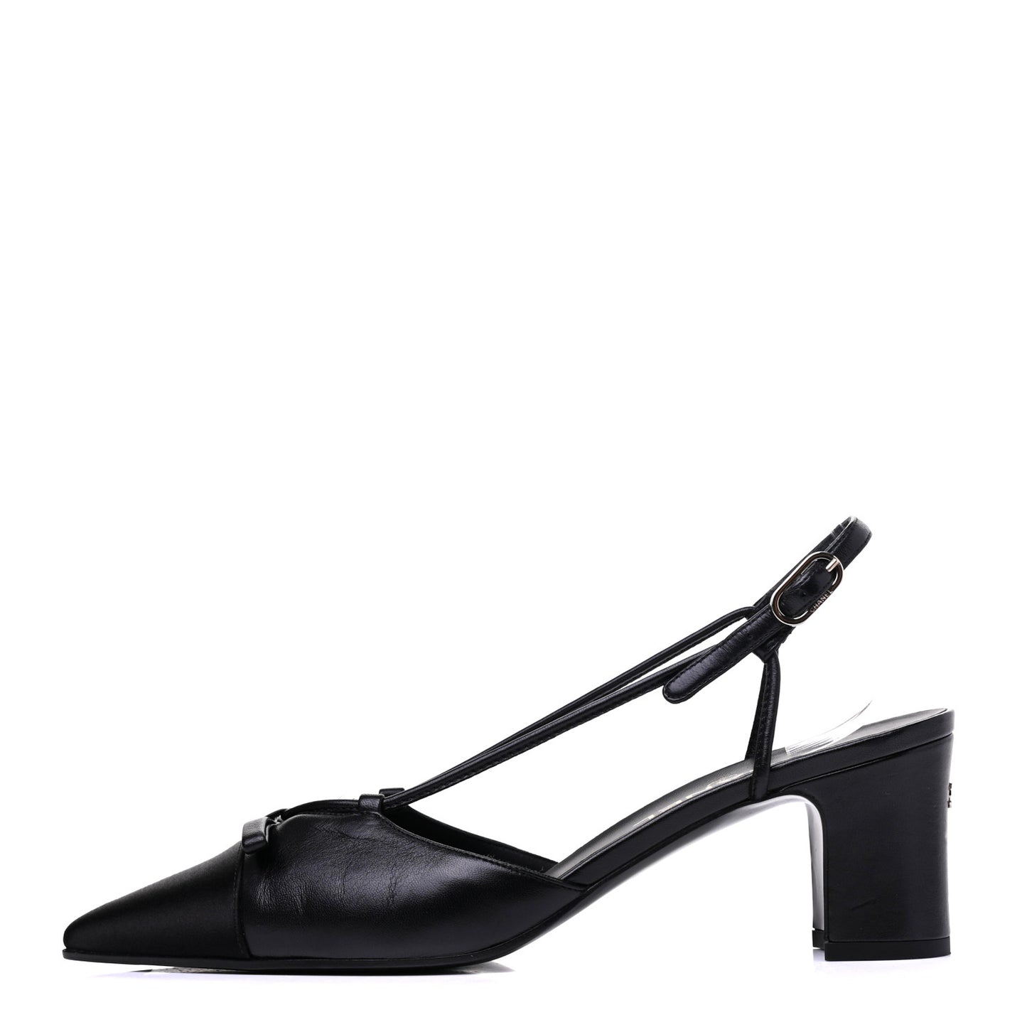 Lambskin Satin Slingback Cap Toe Bow Pumps 39.5 Black