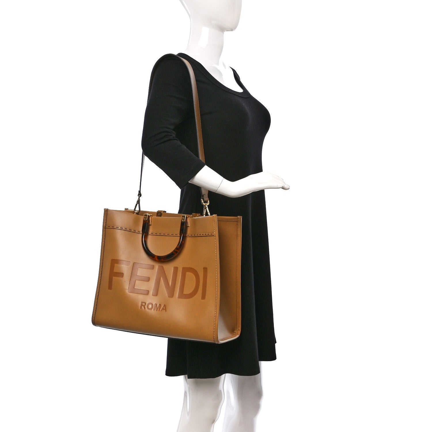 Fendi Vitello King Plexiglass Logo Embossed Medium Fendi Sunshine Shopper Tote Miele Scuro 2 of 9