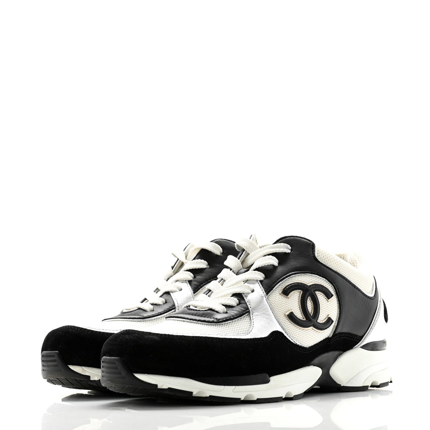 Mesh Suede Calfskin Grained Calfskin Womens CC Sneakers 40 Black White Silver