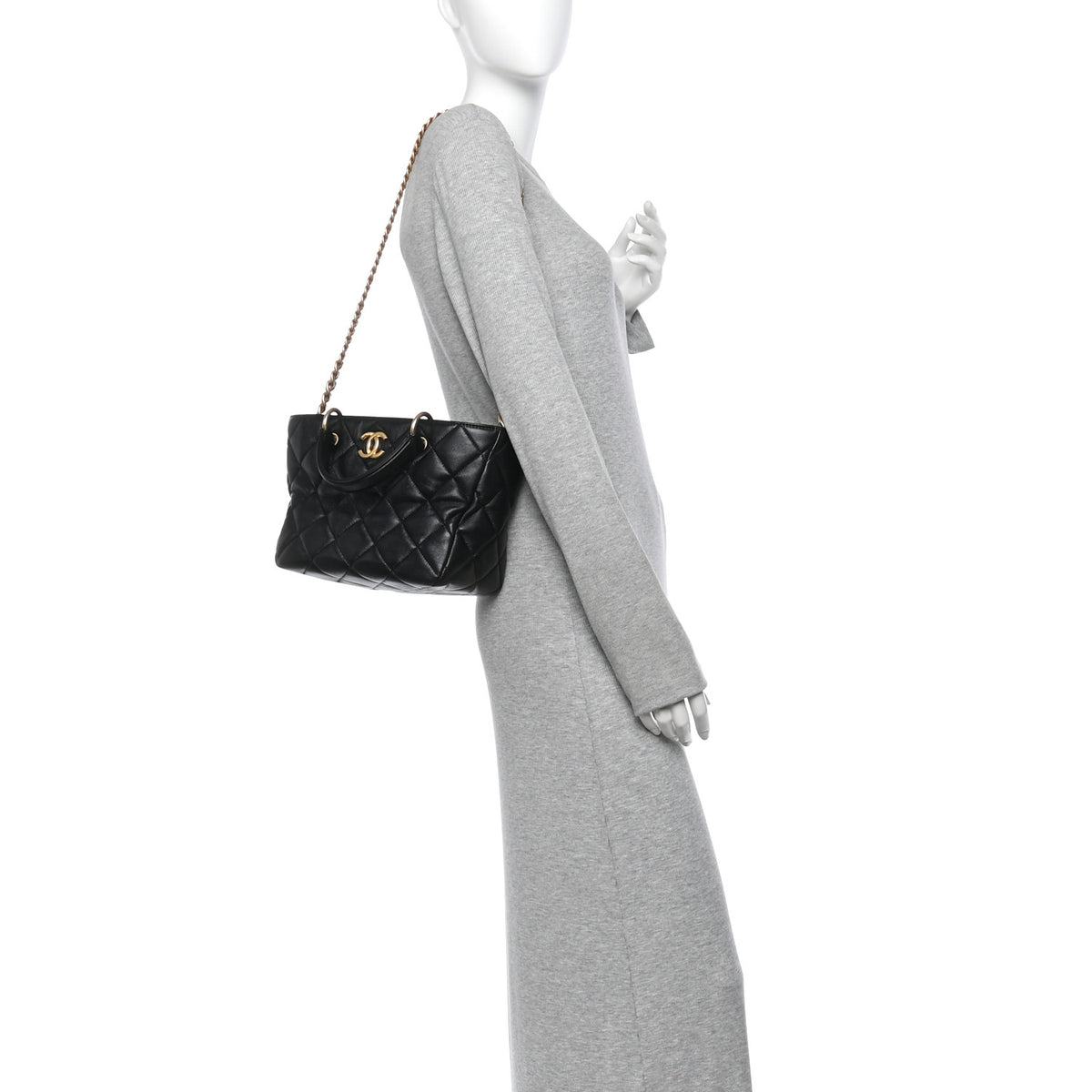 Lambskin Quilted Small Top Handle Shopping Bag Black