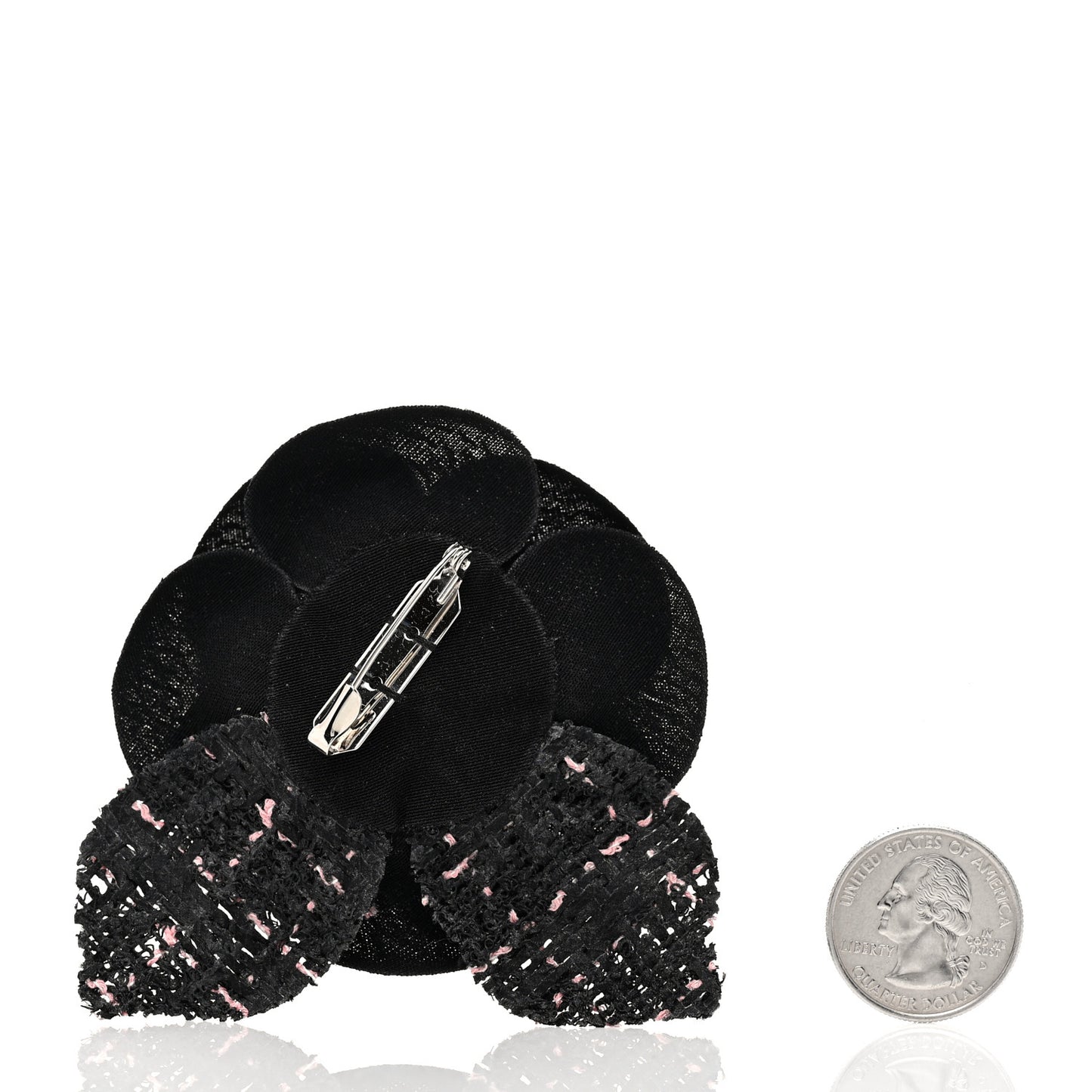 Tweed Camellia Pin Brooch Black Pink
