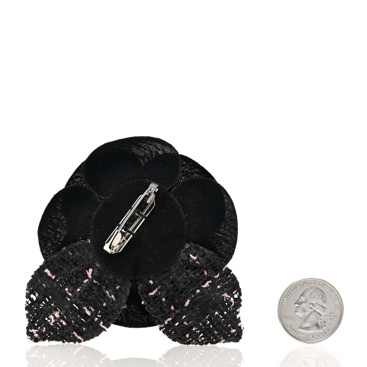 Chanel Tweed Camellia Pin Brooch Black Pink 2 of 3