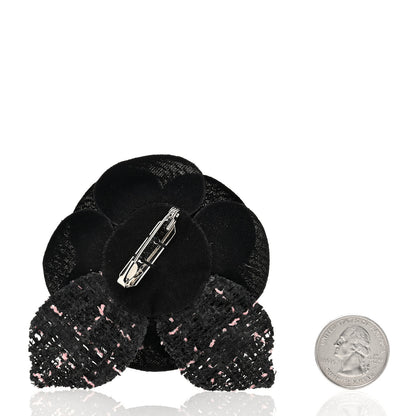 Chanel Tweed Camellia Pin Brooch Black Pink 2 of 3