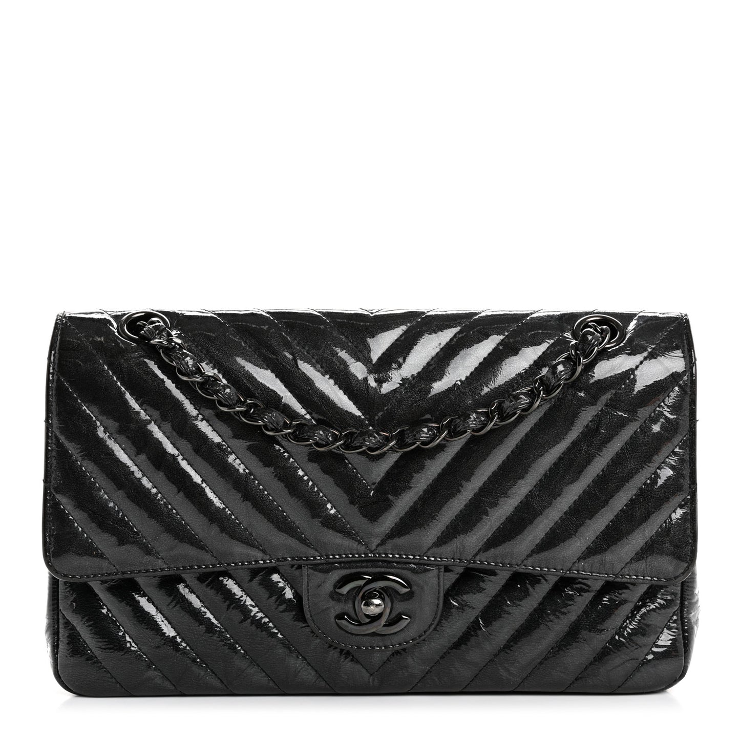 Metallic Patent Crumpled Calfskin Chevron Quilted Medium Double Flap So Black