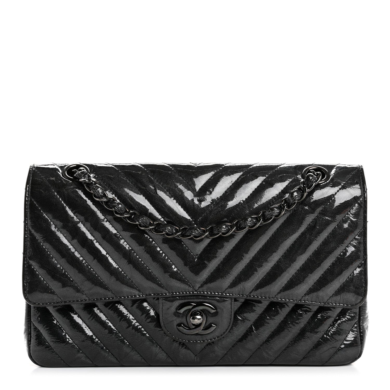 Chanel Metallic Patent Crumpled Calfskin Chevron Quilted Medium Double Flap So Black 1 of 12