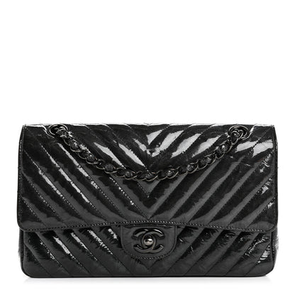 Chanel Metallic Patent Crumpled Calfskin Chevron Quilted Medium Double Flap So Black 1 of 12