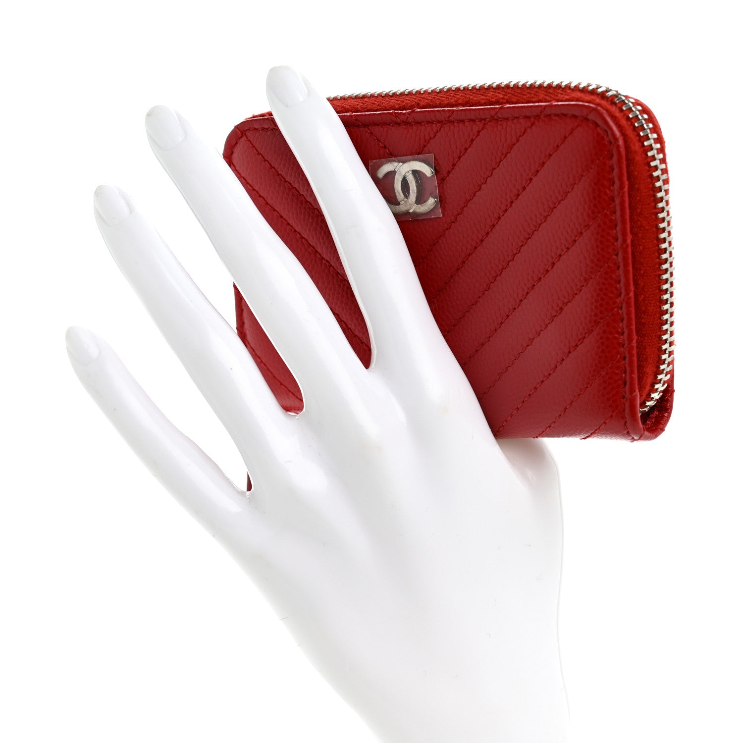 Chanel Caviar Chevron Quilted Zip Around Coin Purse Red 2 of 8