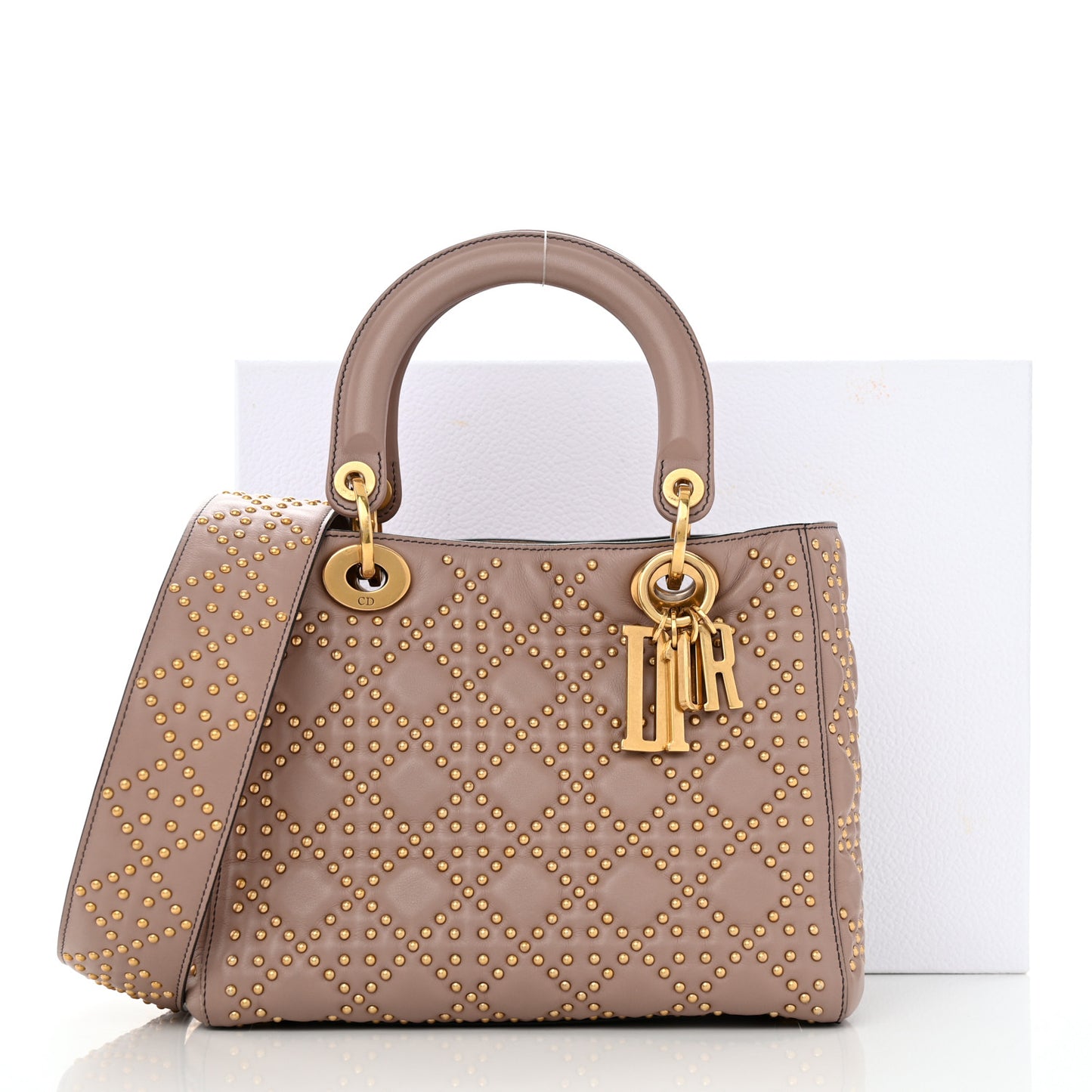Calfskin Cannage Studded Medium Supple Lady Dior Light Pink