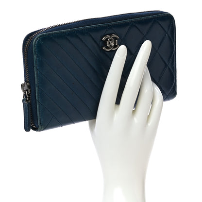 Chanel Glazed Calfskin Quilted Small Coco Boy Zip Around Wallet Blue 2 of 26