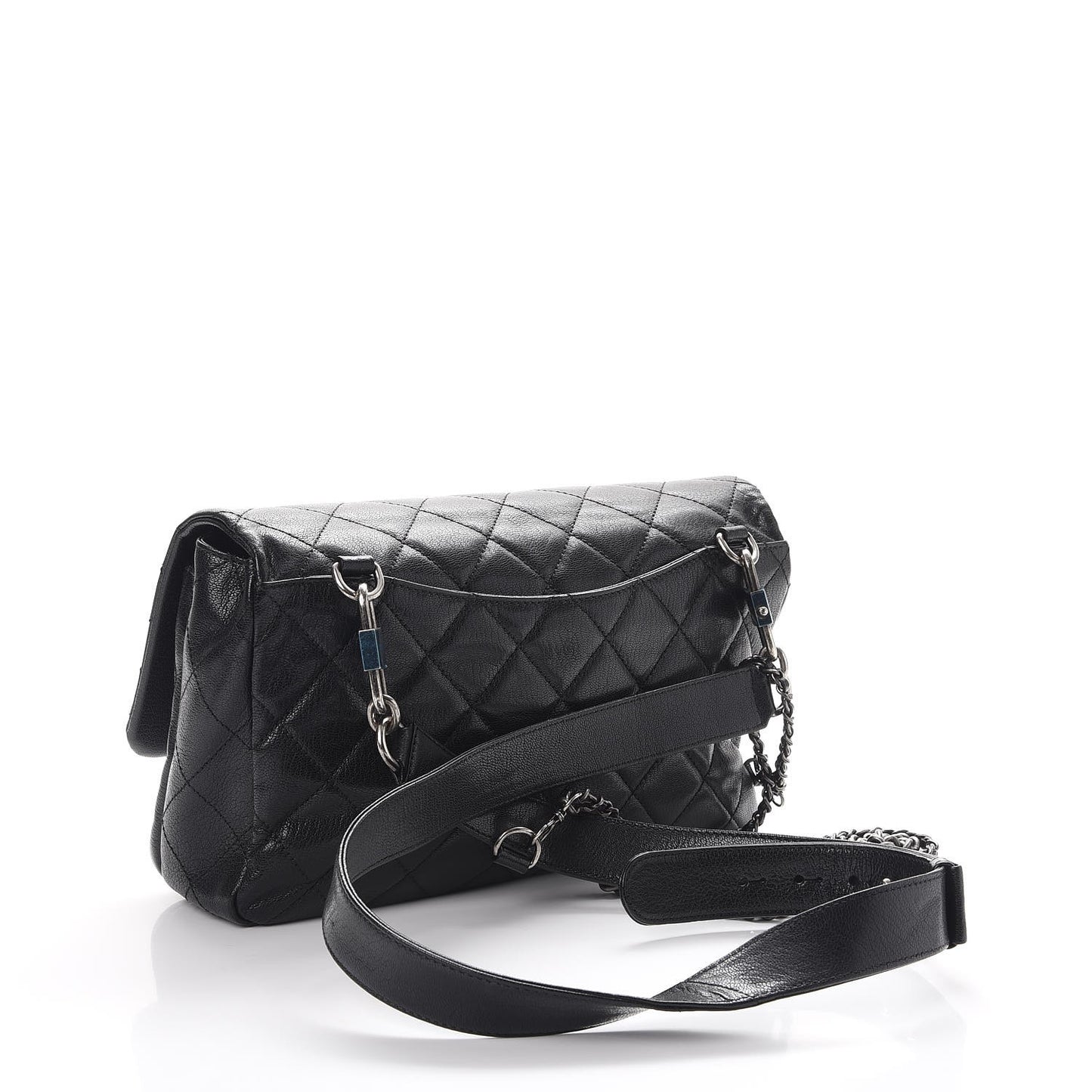 Shiny Goatskin Quilted Large Double Carry Waist Chain Flap Black