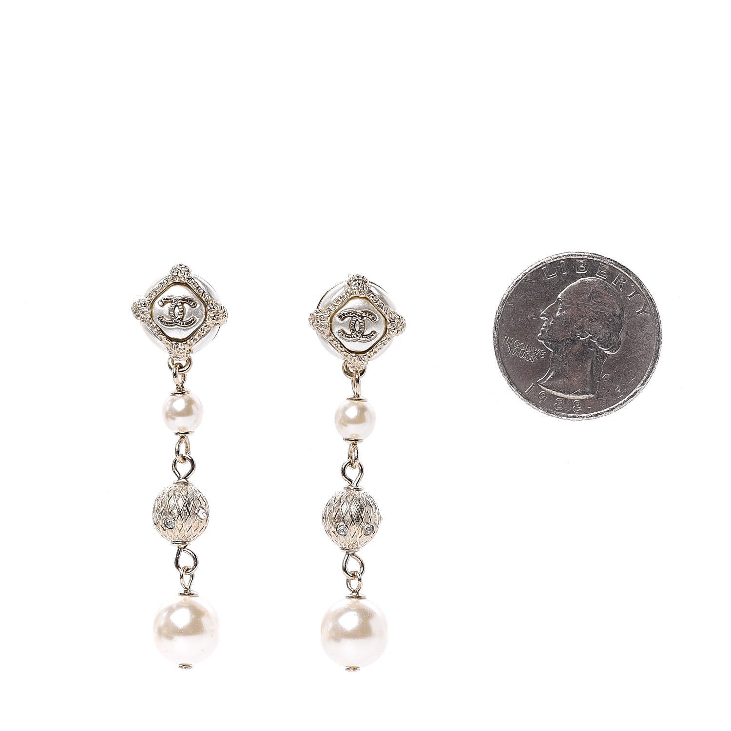 Chanel Pearl Crystal CC Drop Earrings Gold 2 of 5