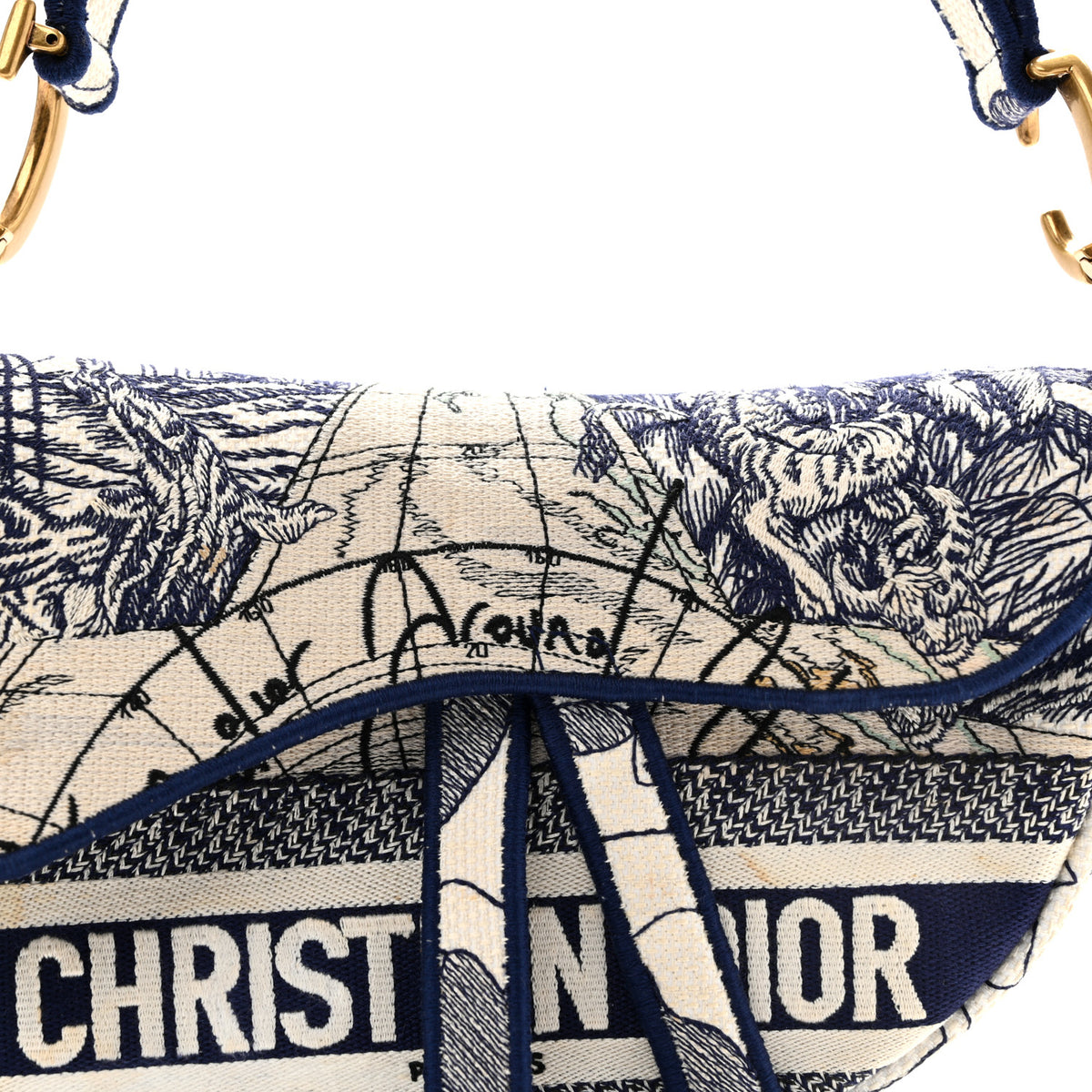 Christian Dior Canvas Embroidered Around the World Saddle Bag Blue 14 of 27