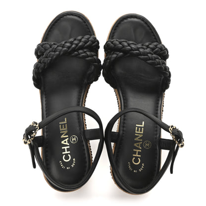 Chanel Lambskin Espadrille Braided Platform Sandals 38.5 Black 2 of 10