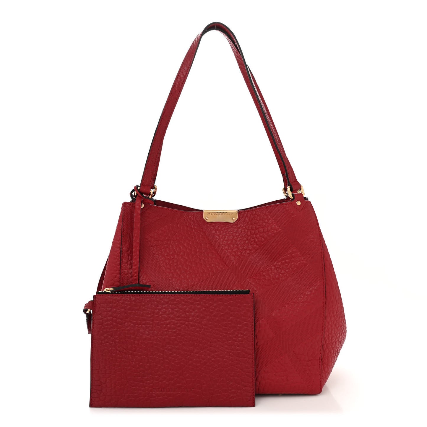 Signature Grain Calfskin Check Embossed Small Canterbury Tote Red