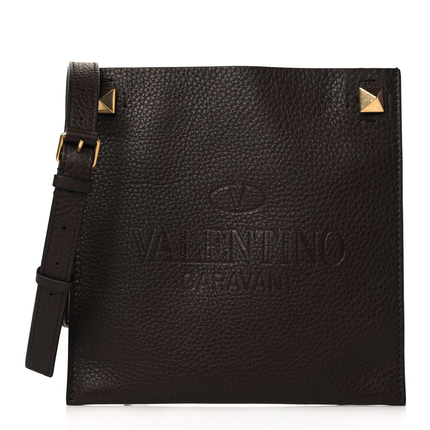 Pebbled Calfskin Roman Stud Logo Crossbody Pouch Brown