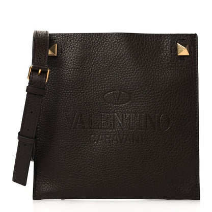 Valentino Garavani Pebbled Calfskin Roman Stud Logo Crossbody Pouch Brown 1 of 9