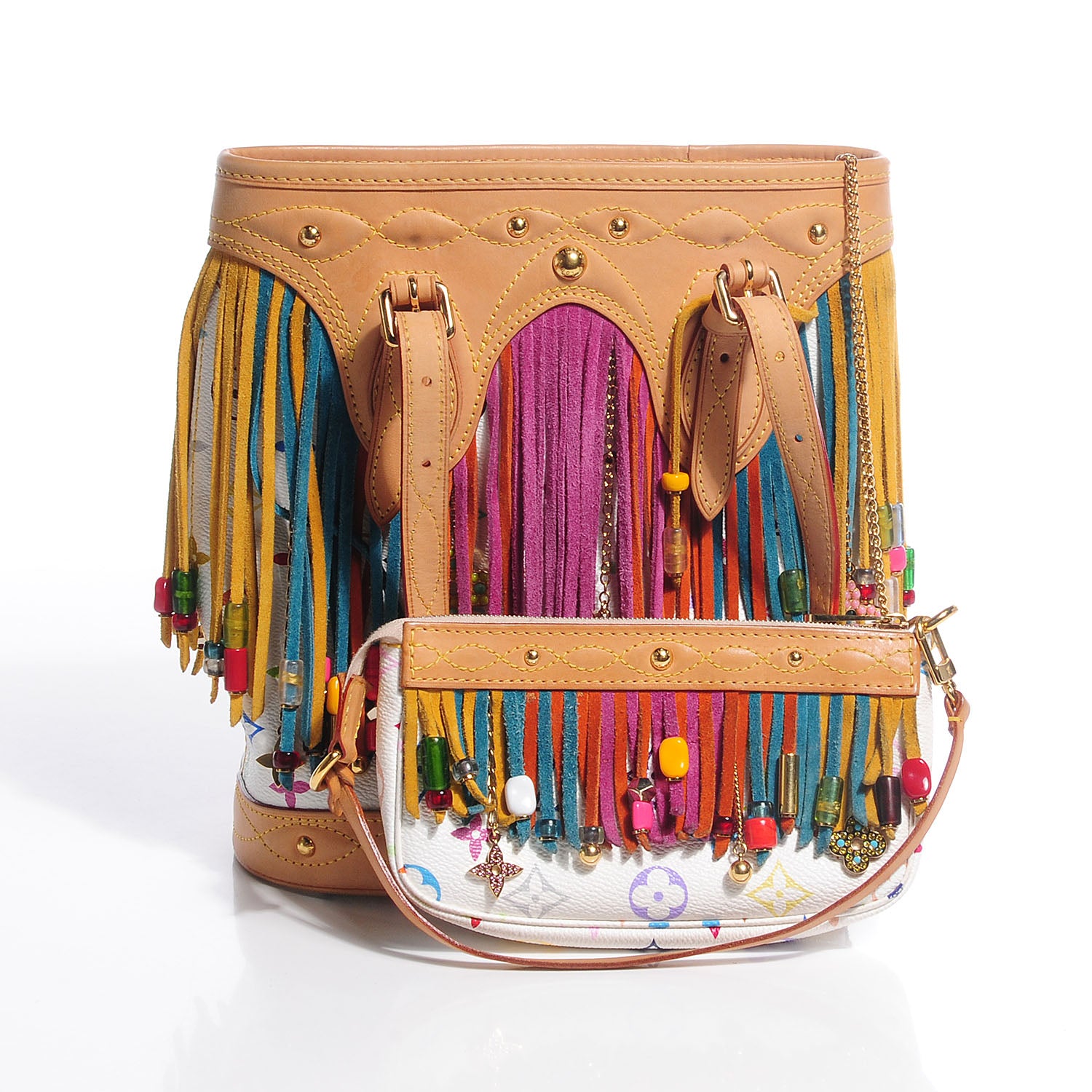 Louis Vuitton Monogram Multicolor Fringe Bucket with Accessories Pouch White 5 of 8