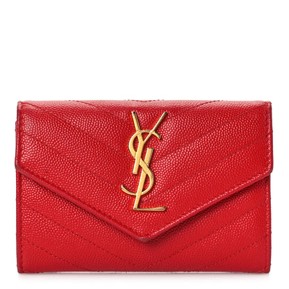 Saint Laurent Grain De Poudre Matelasse Chevron Small Monogram Envelope Wallet New Red 1 of 9