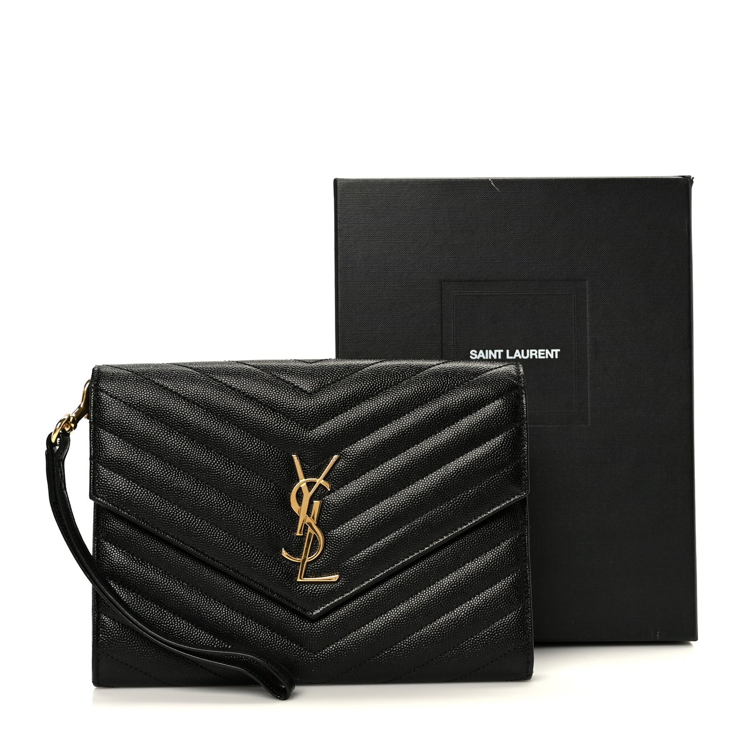 Grain De Poudre Matelasse Chevron Monogram Envelope Clutch Black