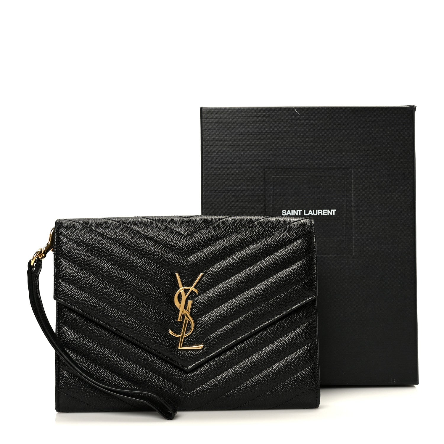 Saint Laurent Grain De Poudre Matelasse Chevron Monogram Envelope Clutch Black 9 of 9