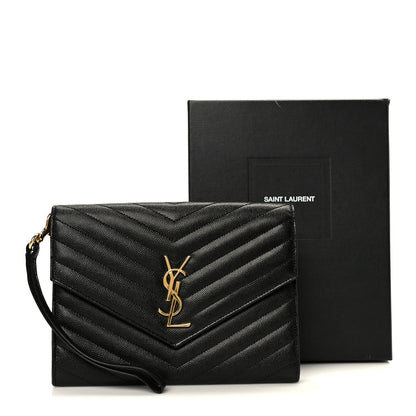 Saint Laurent Grain De Poudre Matelasse Chevron Monogram Envelope Clutch Black 9 of 9