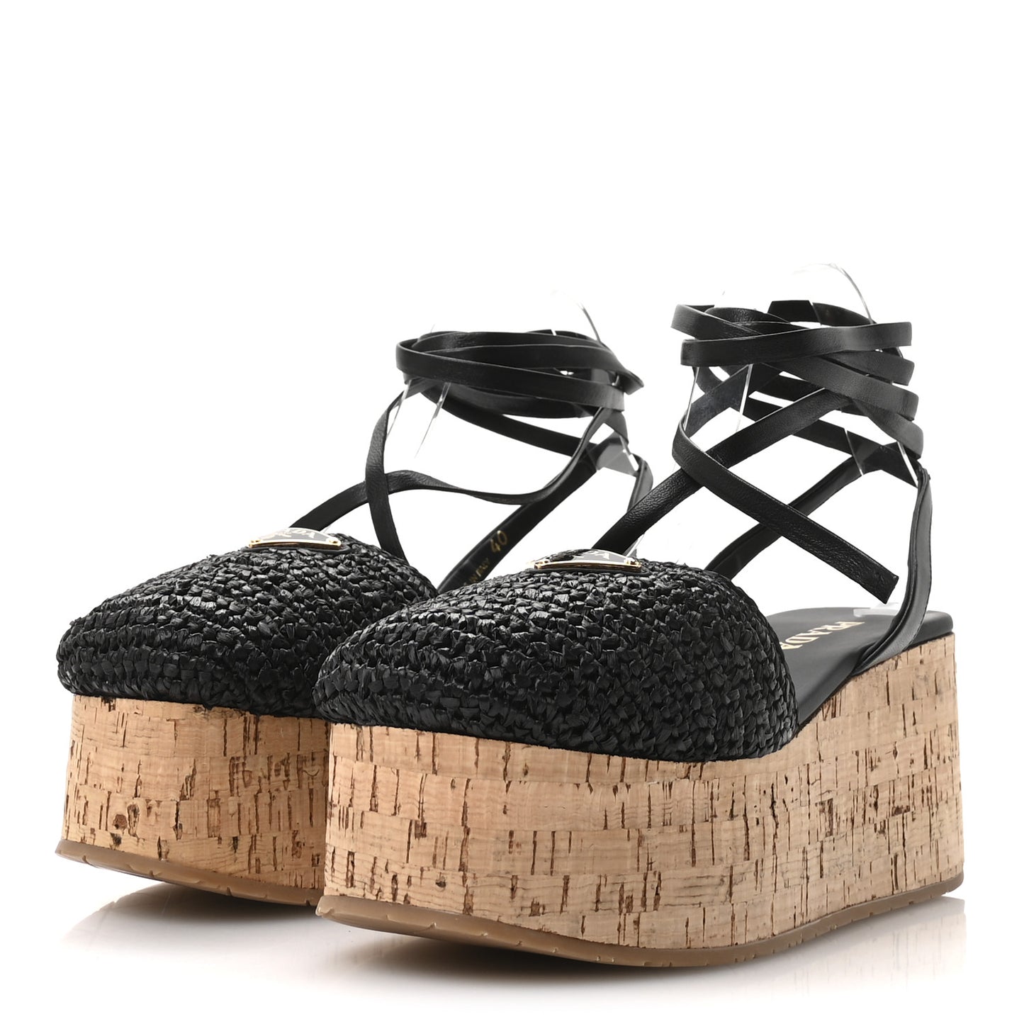 Raffia Cork Triangle Crochet Ankle Strap Platform 75mm Sandals 40 Black