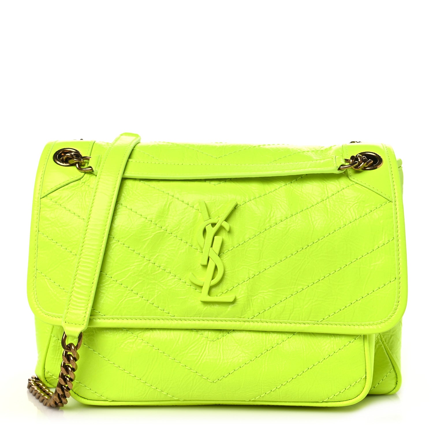 Saint Laurent Crinkled Calfskin Matelasse Monogram Medium Niki Chain Satchel Neon Yellow 1 of 10