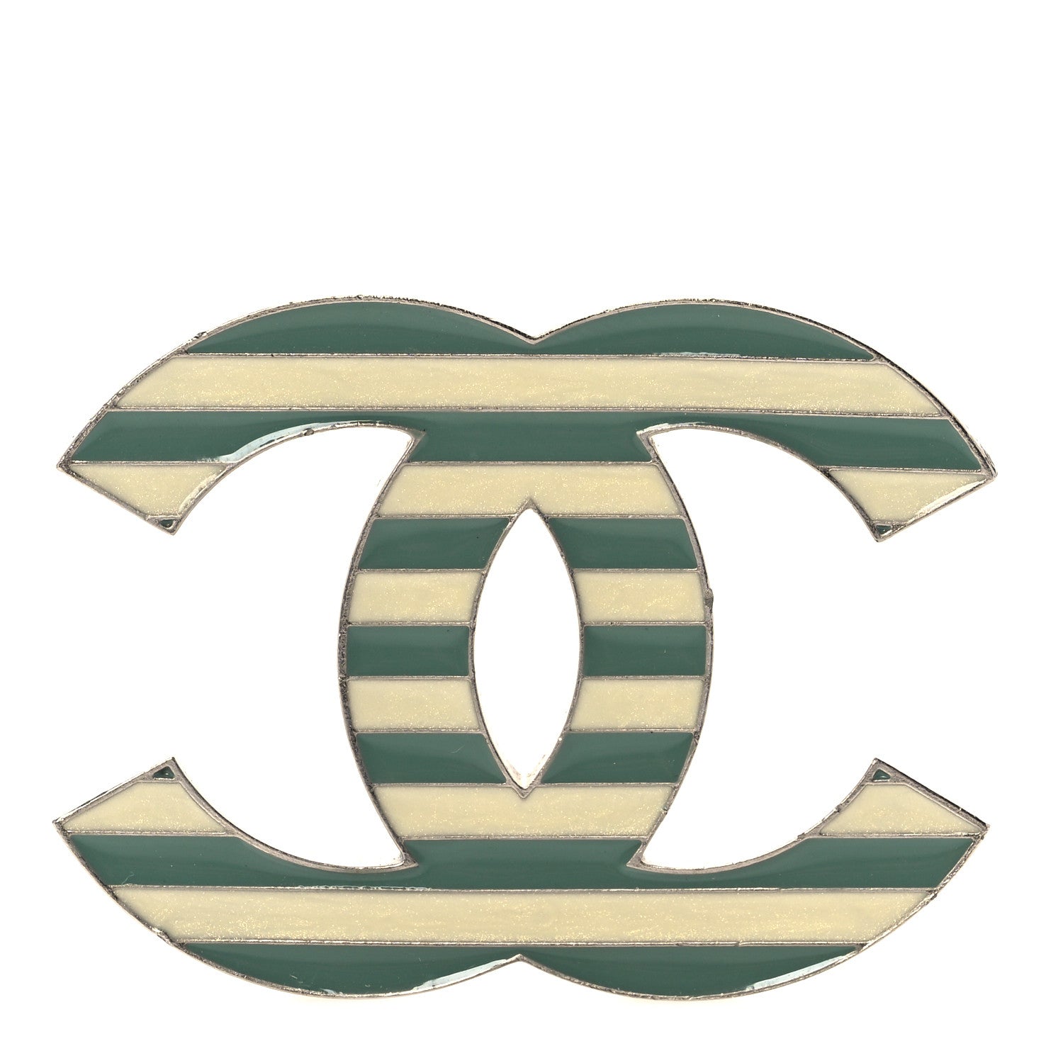 Chanel Enamel Striped CC Brooch Green Silver 1 of 6