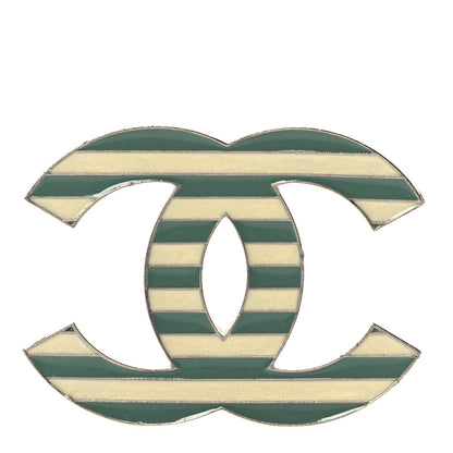Chanel Enamel Striped CC Brooch Green Silver 1 of 6