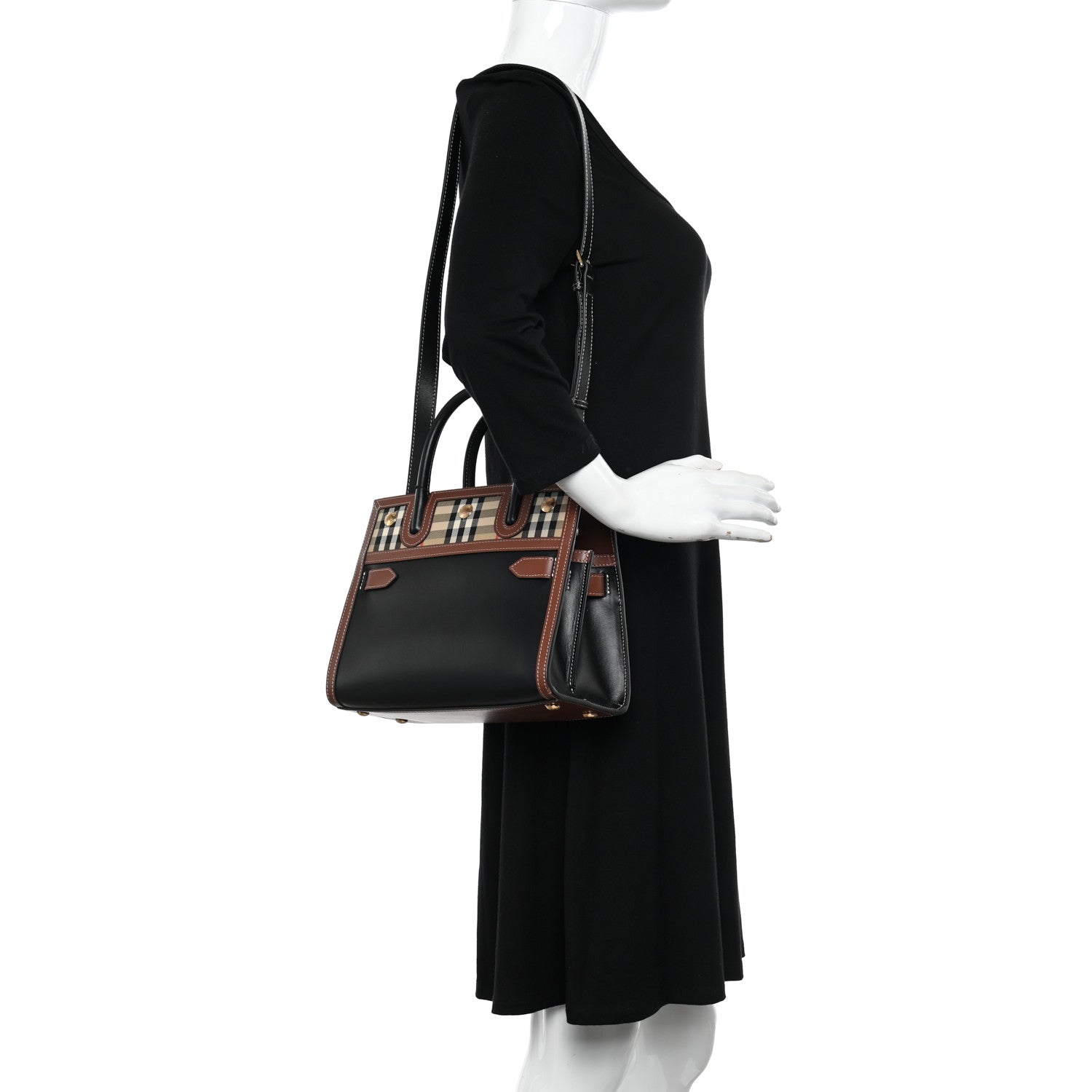 Burberry Calfskin Vintage Check Mini Two Handle Title Bag Black 2 of 9