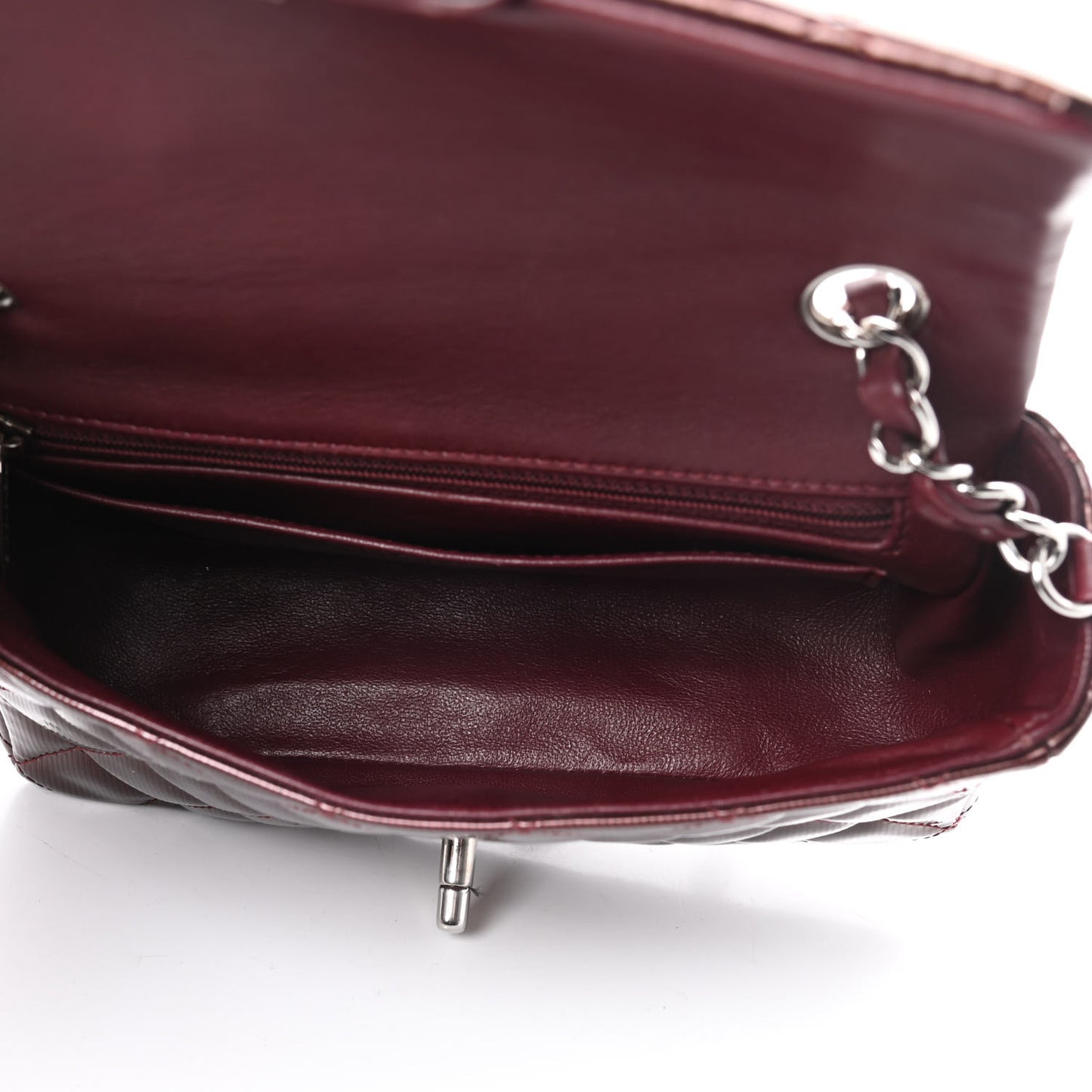 Striated Patent Quilted Mini Rectangular Flap Burgundy