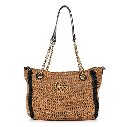 Gucci Raffia Effect Medium GG Marmont Shoulder Tote Bag Natural Black 1 of 14