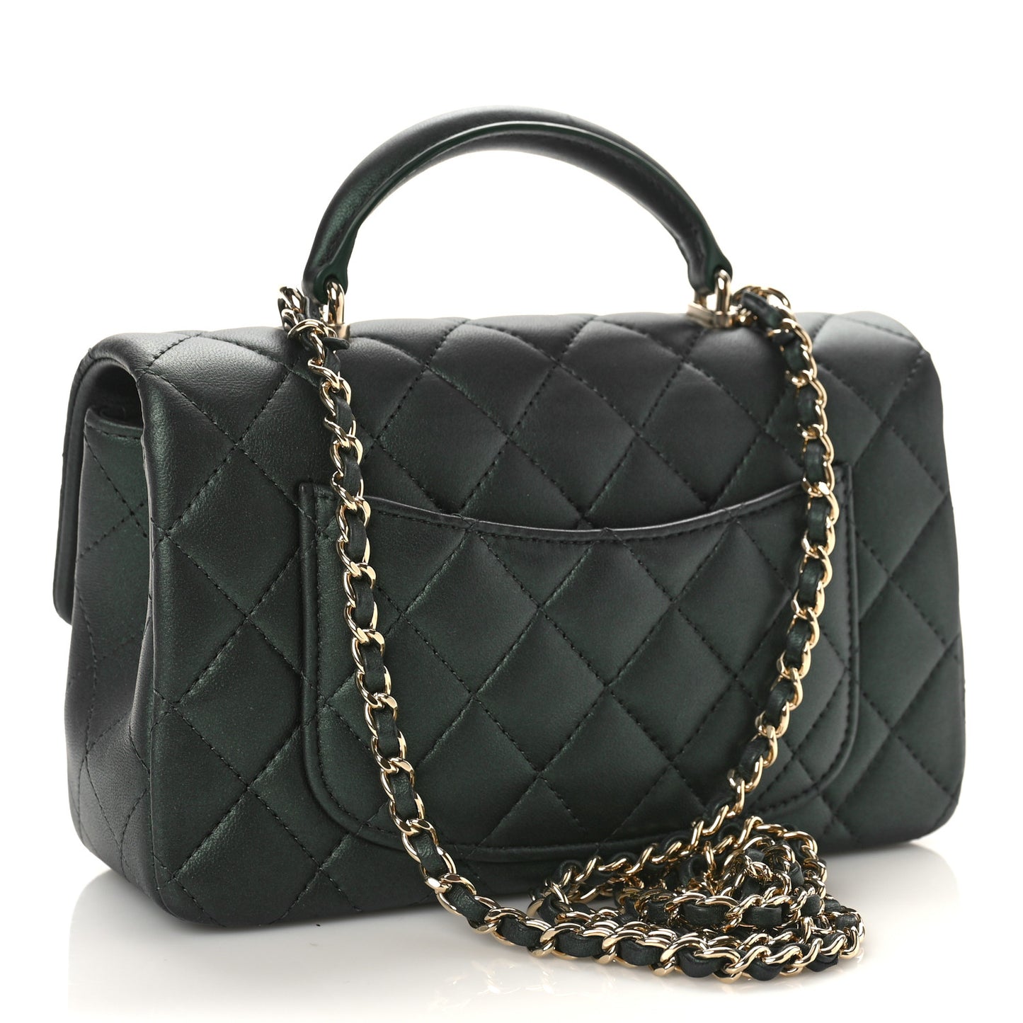 Iridescent Lambskin Quilted Mini Top Handle Rectangular Flap Dark Green