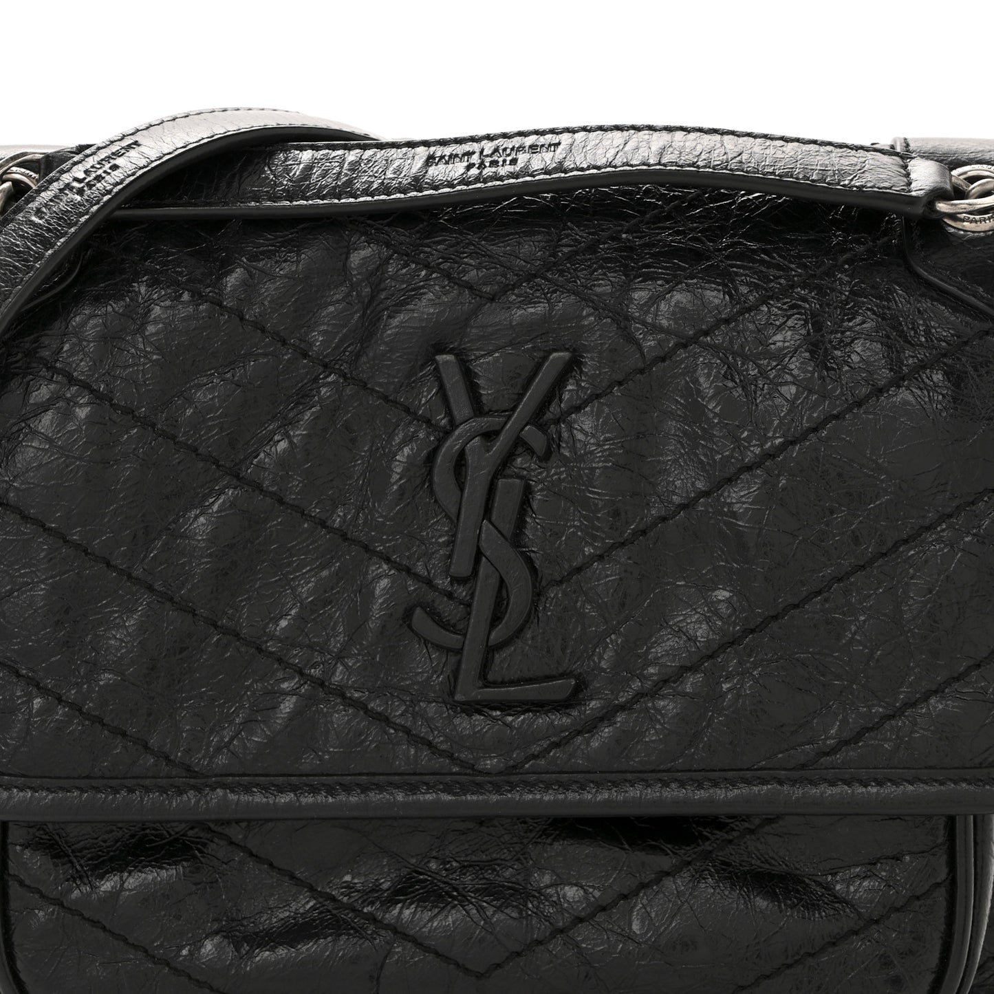 Crinkled Calfskin Matelasse Monogram Baby Niki Chain Satchel Black
