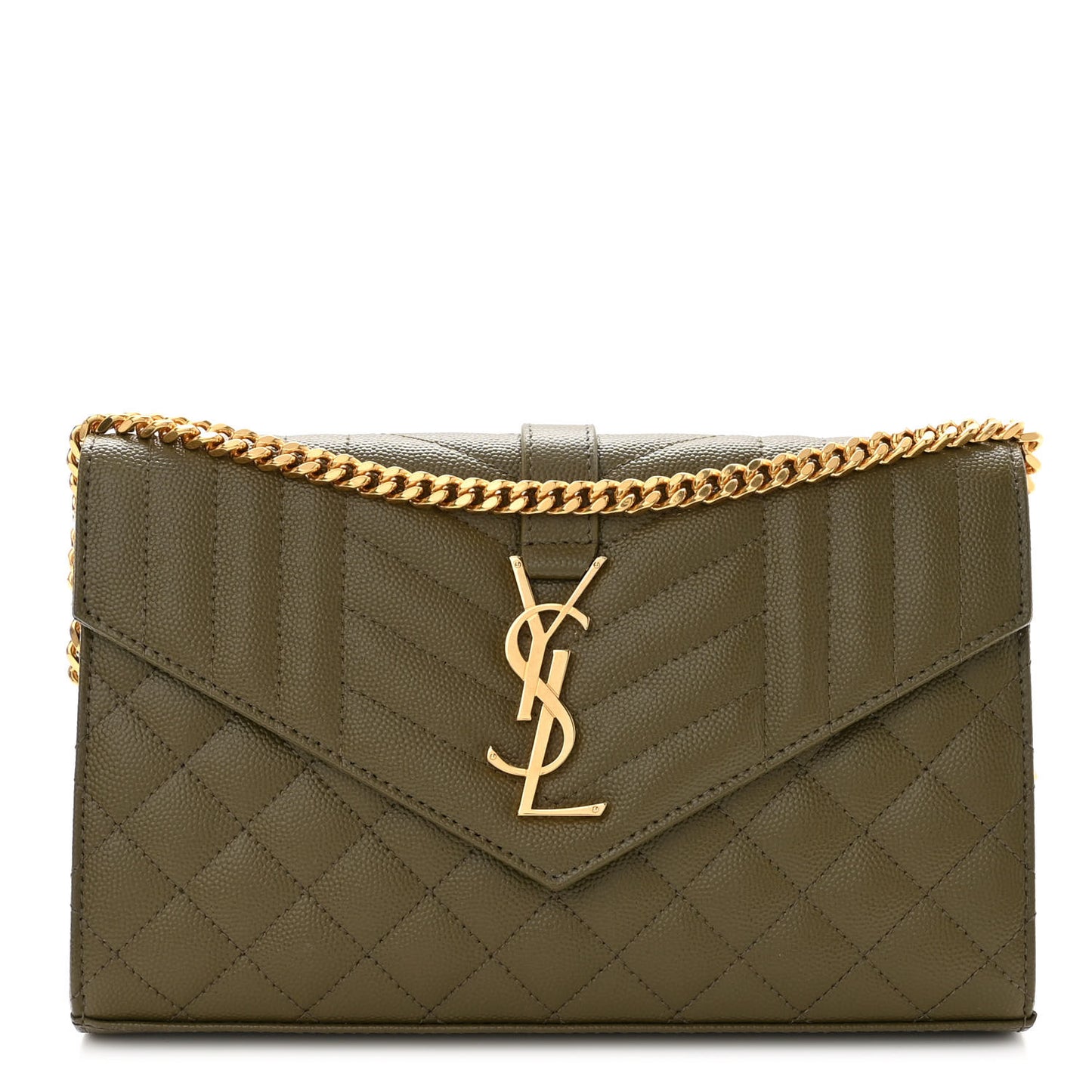 Grain De Poudre Mixed Matelasse Triquilt Monogram Chain Wallet Kaki