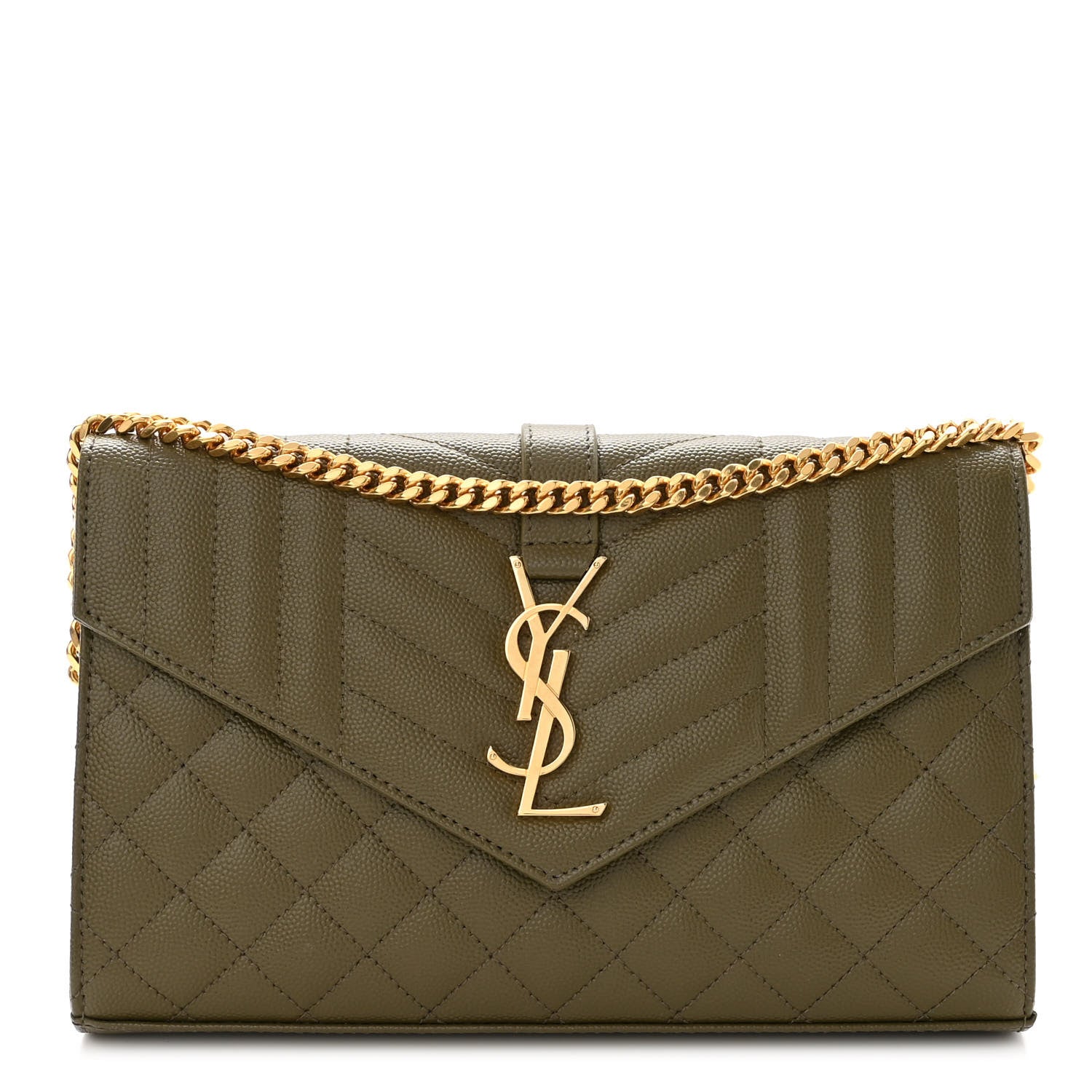 Saint Laurent Grain De Poudre Mixed Matelasse Triquilt Monogram Chain Wallet Kaki 1 of 8